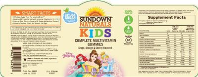 Photo of the Sundown Naturals Kids Complete Multivitamin Disney Princess Gummies label