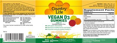 Photo of the Country Life Vegan D3 Gummies 1000 IU label
