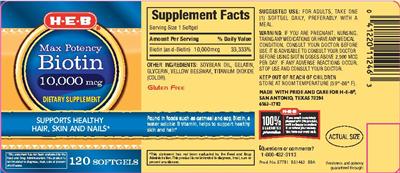 Photo of the H-E-B Max Potency Biotin 10,000 mcg label