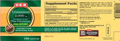 Photo of the H-E-B Cinnamon 2,000 mg Plus Chromium label