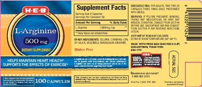 Photo of the H-E-B L-Arginine 500 mg label