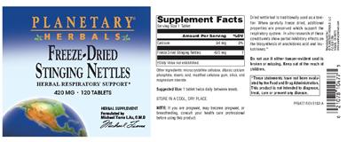 Photo of the Planetary Herbals Freeze-Dried Stinging Nettles 420 mg label