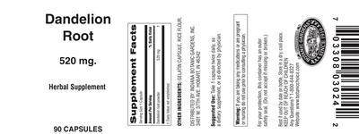 Photo of the Indiana Botanic Gardens Dandelion Root 520 mg label