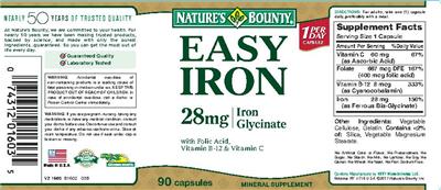Photo of the Nature's Bounty Easy Iron 28 mg label