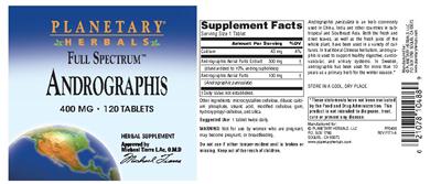 Photo of the Planetary Herbals Full Spectrum Andrographis 400 mg label