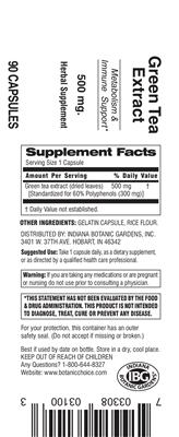 Photo of the Indiana Botanic Gardens Green Tea Extract 500 mg label