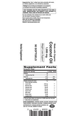 Photo of the Indiana Botanic Gardens Coconut Oil 1,000 mg label