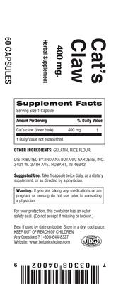Photo of the Indiana Botanic Gardens Cat's Claw 400 mg label
