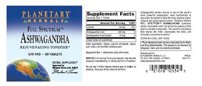 Photo of the Planetary Herbals Full Spectrum Ashwagandha 570 mg label