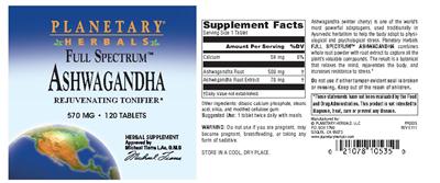 Photo of the Planetary Herbals Full Spectrum Ashwagandha 570 mg label