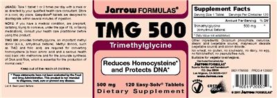 Photo of the Jarrow Formulas TMG 500 mg label