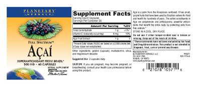 Photo of the Planetary Herbals Full Spectrum Acai 500 mg label