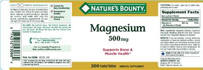 Photo of the Nature's Bounty Magnesium 500 mg label