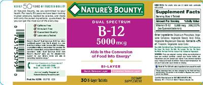 Photo of the Nature's Bounty Dual Spectrum B-12 5000 mcg label