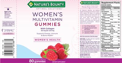 Photo of the Nature's Bounty Optimal Solutions Women's Multivitamin Gummies With Collagen Raspberry Flavored label