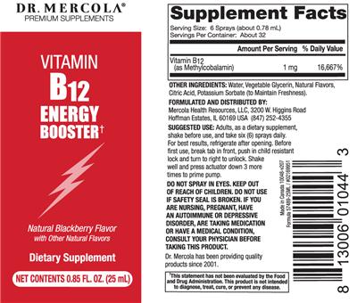 Photo of the Dr. Mercola Vitamin B12 Energy Booster Natural Blackberry Flavor label