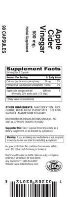 Photo of the Indiana Botanic Gardens Apple Cider Vinegar 500 mg label