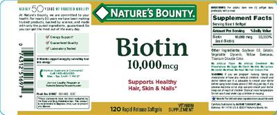 Photo of the Nature's Bounty Biotin 10,000 mcg label