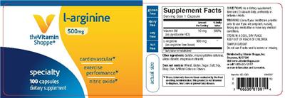 Photo of the The Vitamin Shoppe L-Arginine 500 mg label