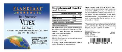 Photo of the Planetary Herbals Full Spectrum Vitex Extract 500 mg label
