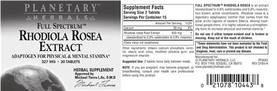 Photo of the Planetary Herbals Full Spectrum Rhodiola Rosea Extract 327 mg label