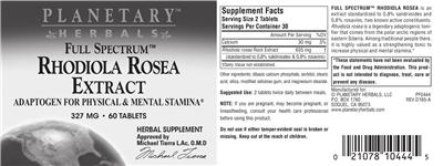 Photo of the Planetary Herbals Full Spectrum Rhodiola Rosea Extract 327 mg label