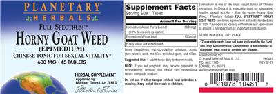 Photo of the Planetary Herbals Full Spectrum Horny Goat Weed 600 mg label