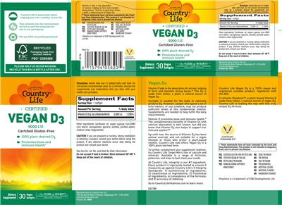 Photo of the Country Life Certified Vegan D3 5000 IU label