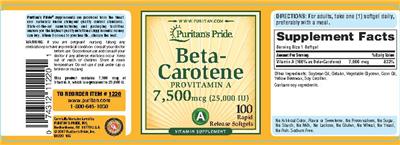 Photo of the Puritan's Pride Beta-Carotene 7,500 mcg label