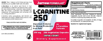 Photo of the Jarrow Formulas L-Carnitine 250 mg label