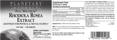 Photo of the Planetary Herbals Full Spectrum Rhodiola Rosea Extract 327 mg label