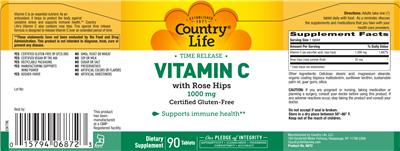 Photo of the Country Life Time Release Vitamin C With Rose Hips 1000 mg label