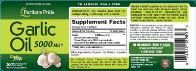 Photo of the Puritan's Pride Garlic Oil 5000 mg label