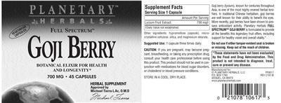 Photo of the Planetary Herbals Full Spectrum Goji Berry 700 mg label