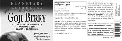 Photo of the Planetary Herbals Full Spectrum Goji Berry 700 mg label
