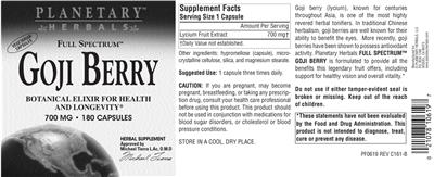 Photo of the Planetary Herbals Full Spectrum Goji Berry 700 mg label