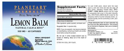Photo of the Planetary Herbals Full Spectrum Lemon Balm 500 mg label