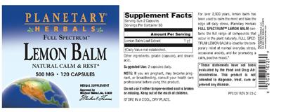 Photo of the Planetary Herbals Full Spectrum Lemon Balm 500 mg label
