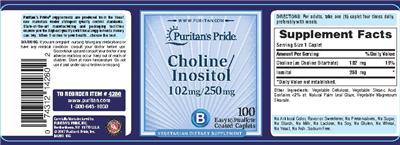 Product label for Choline/Inositol 102 mg/250 mg