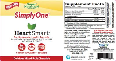 Photo of the SuperNutrition SimplyOne Heart Smart Delicious Mixed Fruit Chewable label