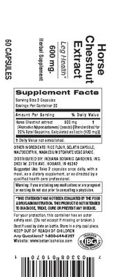Photo of the Indiana Botanic Gardens Horse Chestnut Extract 600 mg label