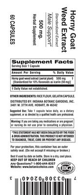 Photo of the Indiana Botanic Gardens Horny Goat Weed Extract 500 mg label