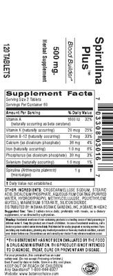 Photo of the Indiana Botanic Gardens Spirulina Plus 500 mg label