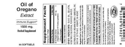Photo of the Indiana Botanic Gardens Oil of Oregano Extract 1500 mg label