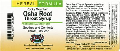 Photo of the Herbs, Etc. Osha Root Rocky Mountain Throat Syrup label