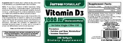 Photo of the Jarrow Formulas Vitamin D3 1000 IU label
