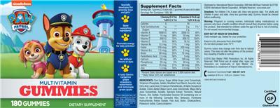 Photo of the International Vitamin Corporation Paw Patrol Multivitamin Gummies label