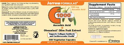 Photo of the Jarrow Formulas C 1000 Ascorbic Acid + Oleaselect Olive Fruit Extract label