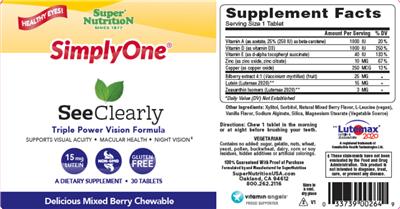 Photo of the SuperNutrition SimplyOne See Clearly Delicious Mixed Berry Chewable label