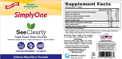 Photo of the SuperNutrition SimplyOne See Clearly Delicious Mixed Berry Chewable label